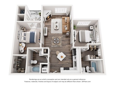 Floor plan for 2 beds, 2 baths, 1061 sqft